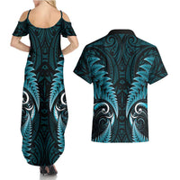 Aotearoa Pounamu Niho Couples Matching Summer Maxi Dress and Hawaiian Shirt Silver Fern Mix Maori Pattern - Turquoise LT14 - Polynesian Pride
