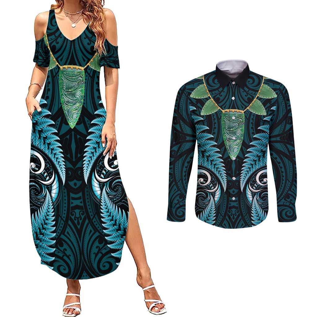 Aotearoa Pounamu Niho Couples Matching Summer Maxi Dress and Long Sleeve Button Shirt Silver Fern Mix Maori Pattern - Turquoise LT14 Turquoise - Polynesian Pride