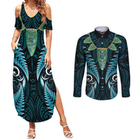 Aotearoa Pounamu Niho Couples Matching Summer Maxi Dress and Long Sleeve Button Shirt Silver Fern Mix Maori Pattern - Turquoise LT14 Turquoise - Polynesian Pride