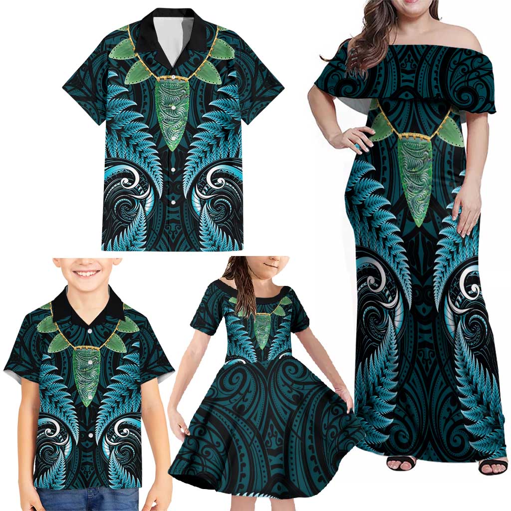 Aotearoa Pounamu Niho Family Matching Off Shoulder Maxi Dress and Hawaiian Shirt Silver Fern Mix Maori Pattern - Turquoise