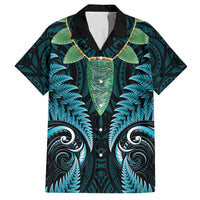 Aotearoa Pounamu Niho Family Matching Off Shoulder Short Dress and Hawaiian Shirt Silver Fern Mix Maori Pattern - Turquoise