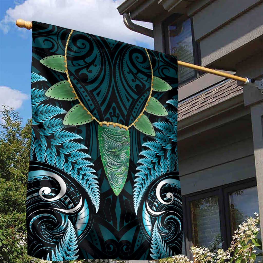 Aotearoa Pounamu Niho Garden Flag Silver Fern Mix Maori Pattern - Turquoise LT14 - Polynesian Pride