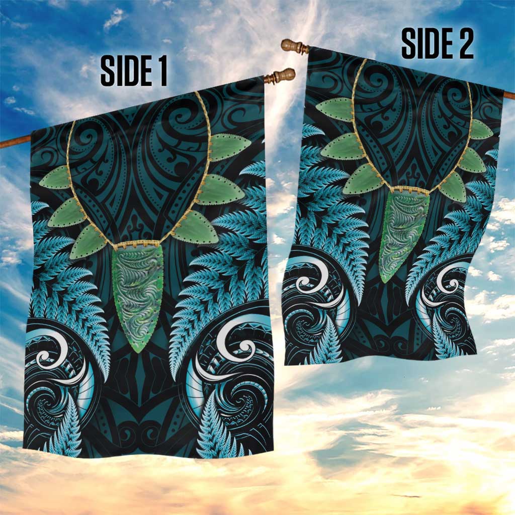 Aotearoa Pounamu Niho Garden Flag Silver Fern Mix Maori Pattern - Turquoise LT14 - Polynesian Pride