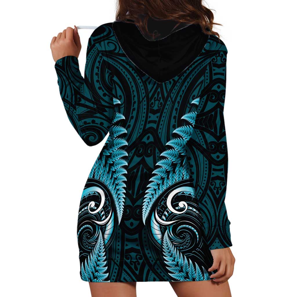 Aotearoa Pounamu Niho Hoodie Dress Silver Fern Mix Maori Pattern - Turquoise LT14 - Polynesian Pride