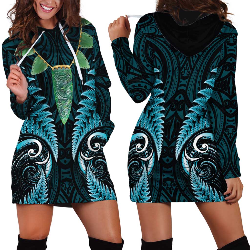 Aotearoa Pounamu Niho Hoodie Dress Silver Fern Mix Maori Pattern - Turquoise LT14 - Polynesian Pride