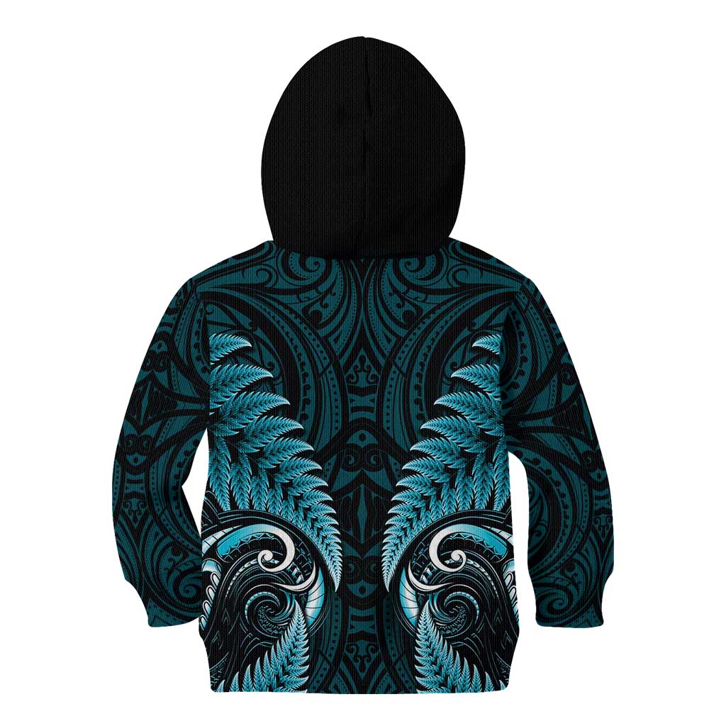 Aotearoa Pounamu Niho Kid Hoodie Silver Fern Mix Maori Pattern - Turquoise