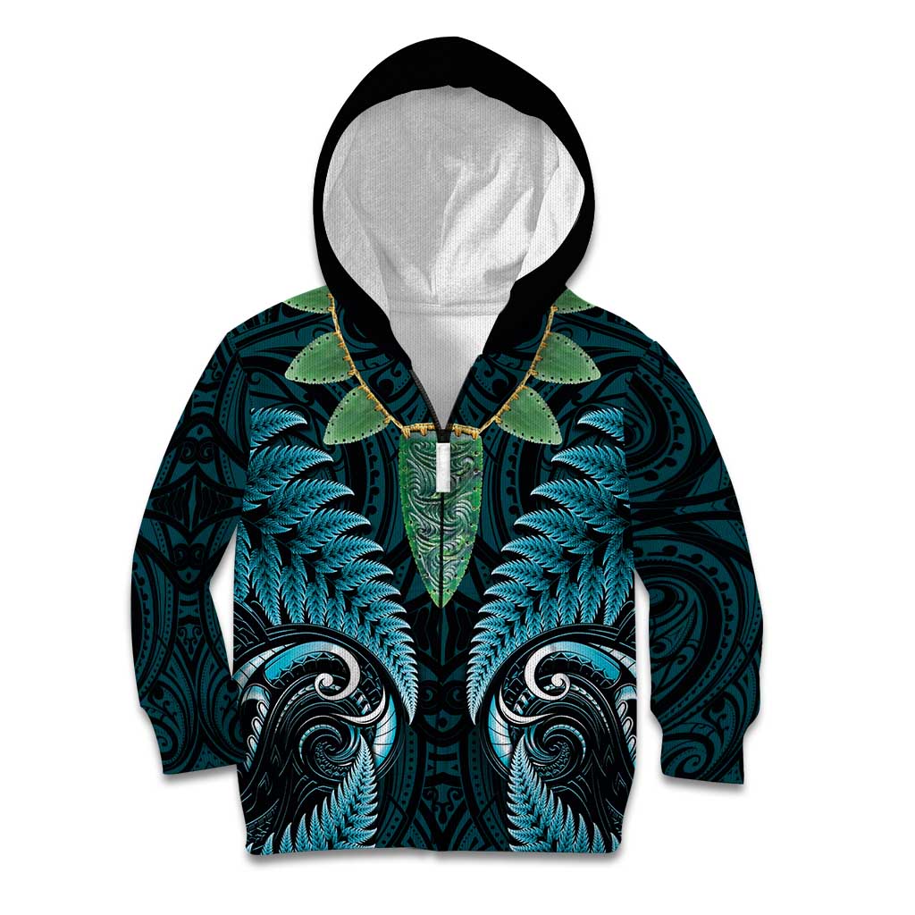 Aotearoa Pounamu Niho Kid Hoodie Silver Fern Mix Maori Pattern - Turquoise