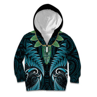 Aotearoa Pounamu Niho Kid Hoodie Silver Fern Mix Maori Pattern - Turquoise