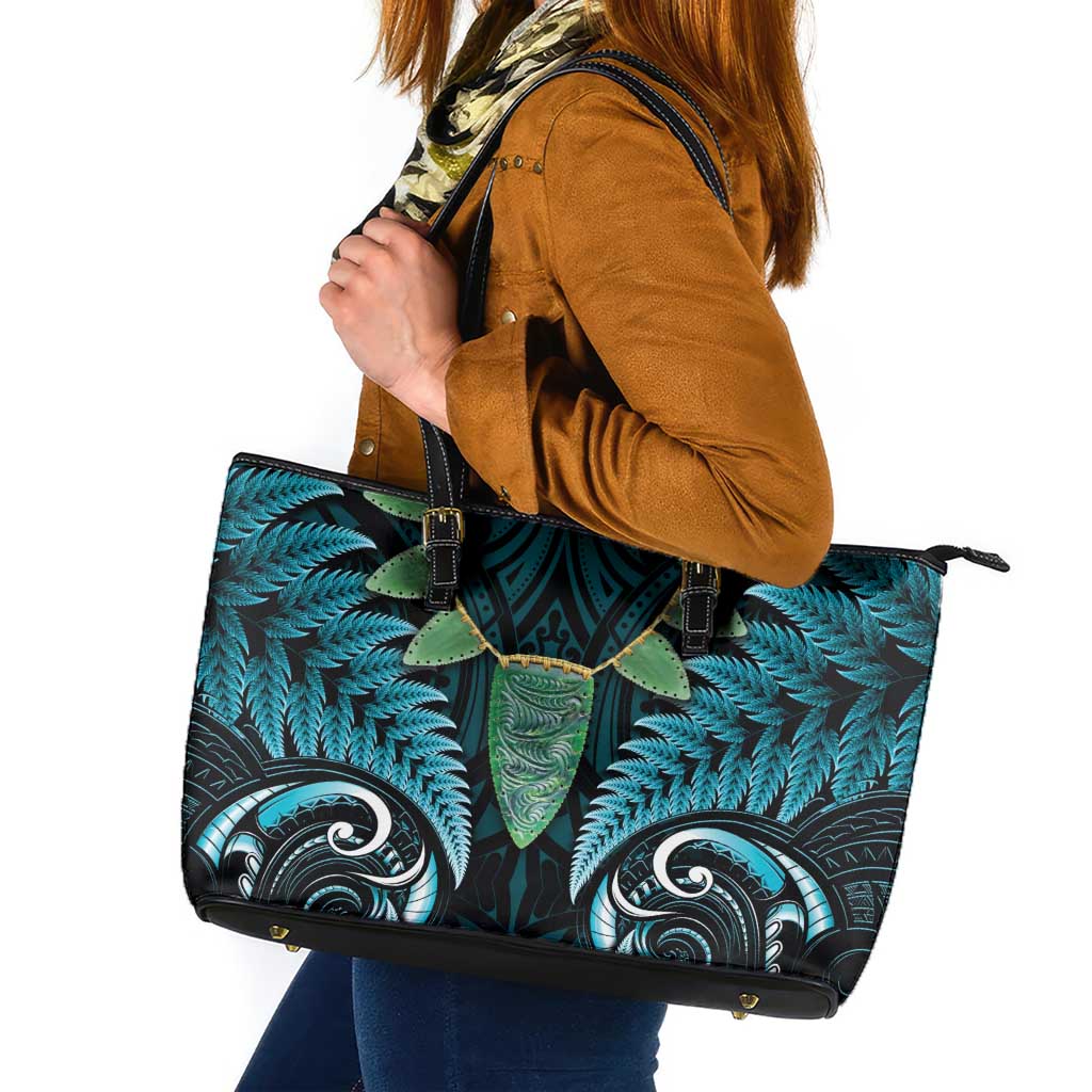 Aotearoa Pounamu Niho Leather Tote Bag Silver Fern Mix Maori Pattern - Turquoise LT14 Turquoise - Polynesian Pride