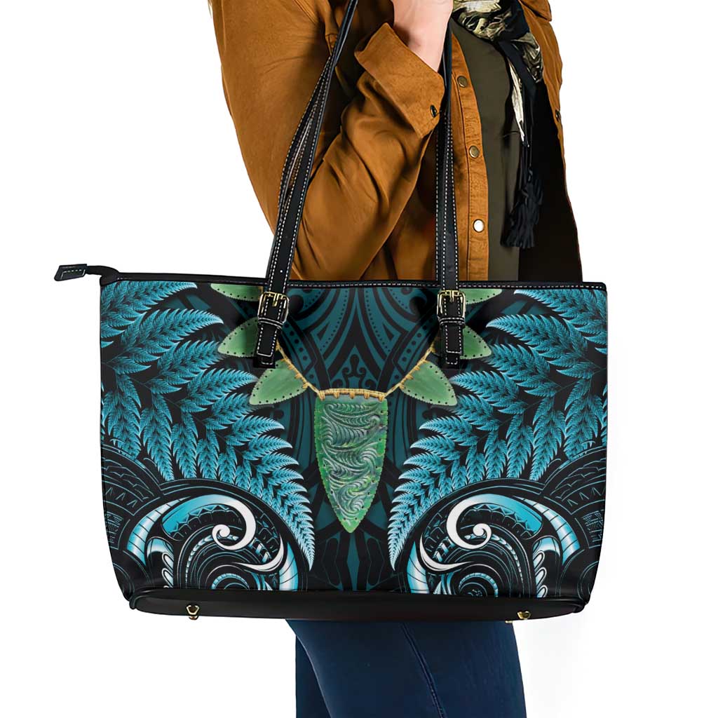 Aotearoa Pounamu Niho Leather Tote Bag Silver Fern Mix Maori Pattern - Turquoise LT14 - Polynesian Pride