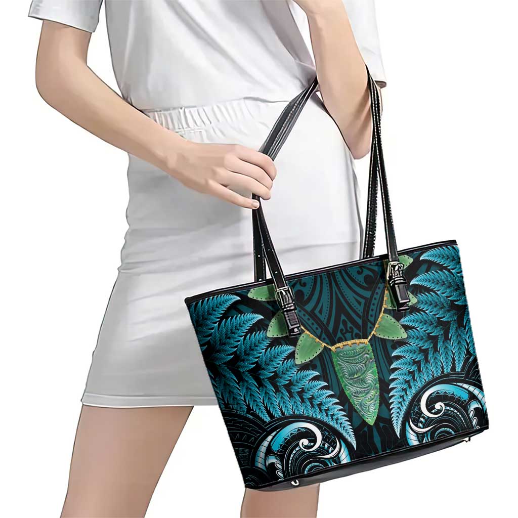 Aotearoa Pounamu Niho Leather Tote Bag Silver Fern Mix Maori Pattern - Turquoise LT14 - Polynesian Pride