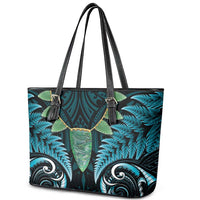 Aotearoa Pounamu Niho Leather Tote Bag Silver Fern Mix Maori Pattern - Turquoise LT14 - Polynesian Pride