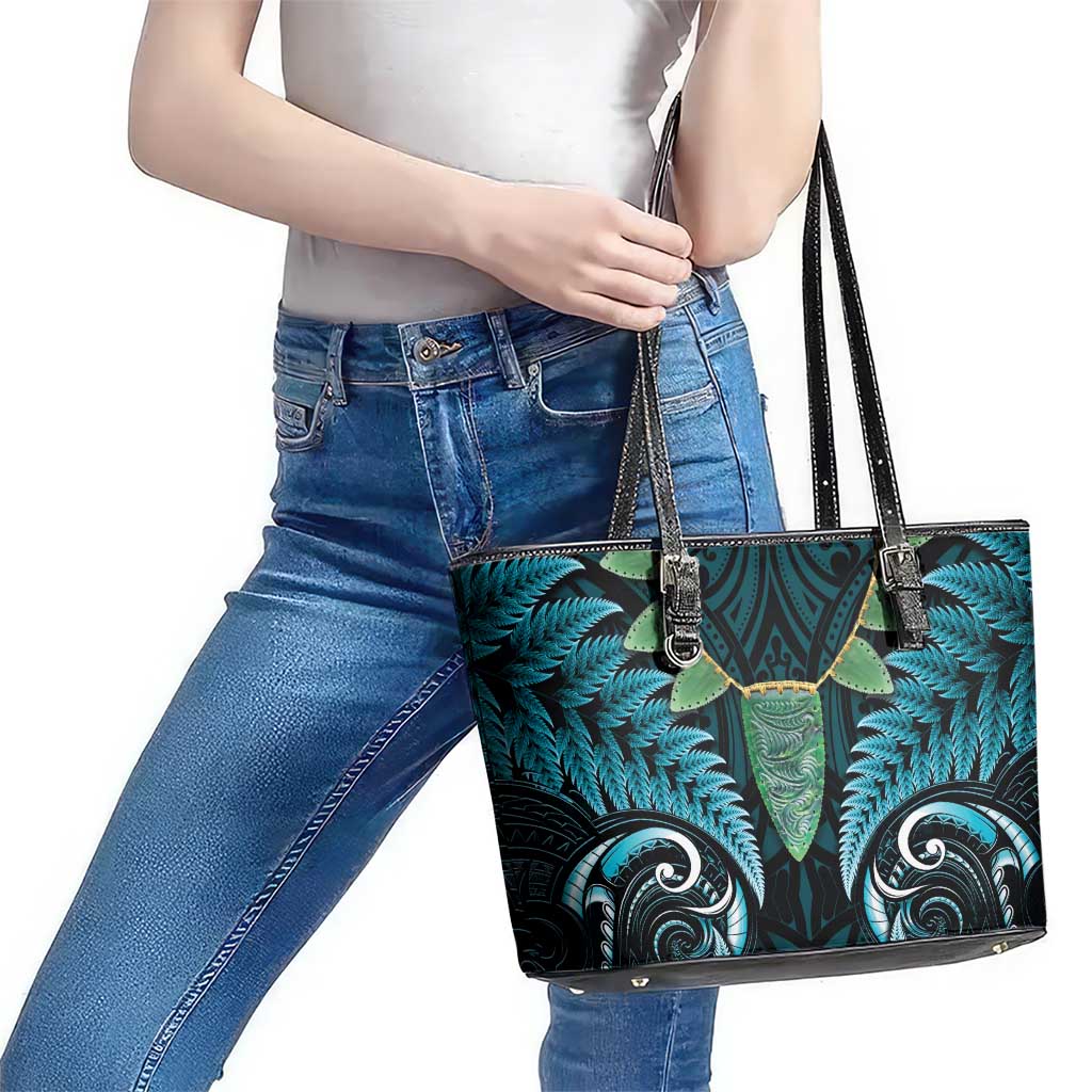 Aotearoa Pounamu Niho Leather Tote Bag Silver Fern Mix Maori Pattern - Turquoise LT14 - Polynesian Pride