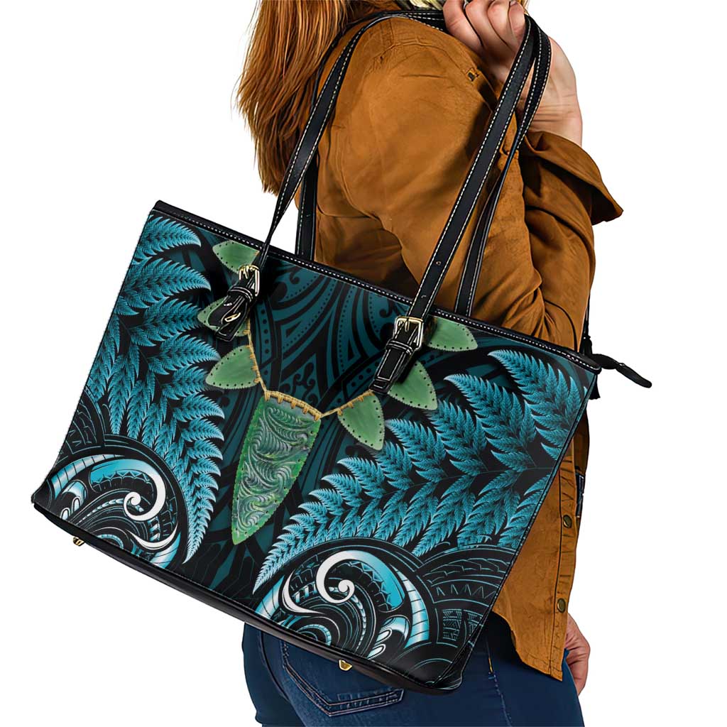 Aotearoa Pounamu Niho Leather Tote Bag Silver Fern Mix Maori Pattern - Turquoise LT14 - Polynesian Pride