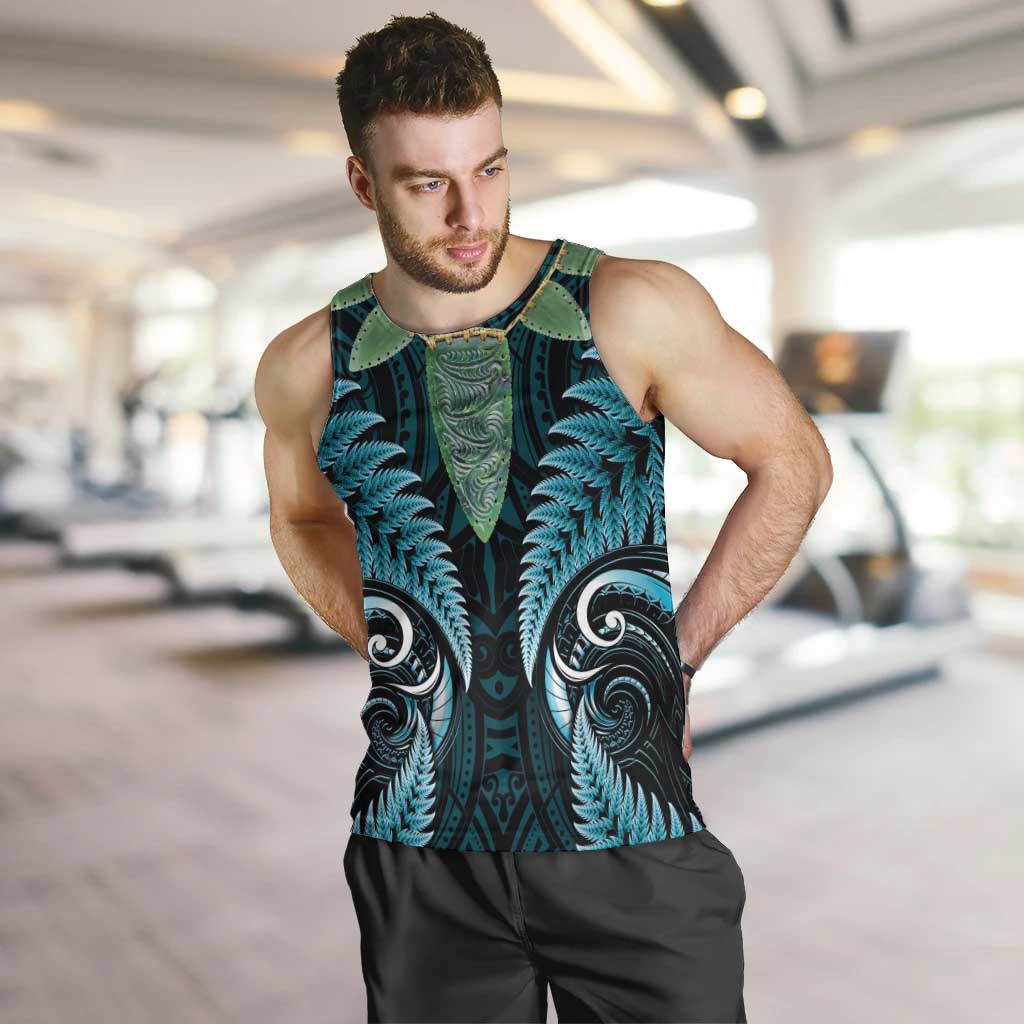 Aotearoa Pounamu Niho Men Tank Top Silver Fern Mix Maori Pattern - Turquoise LT14 Turquoise - Polynesian Pride
