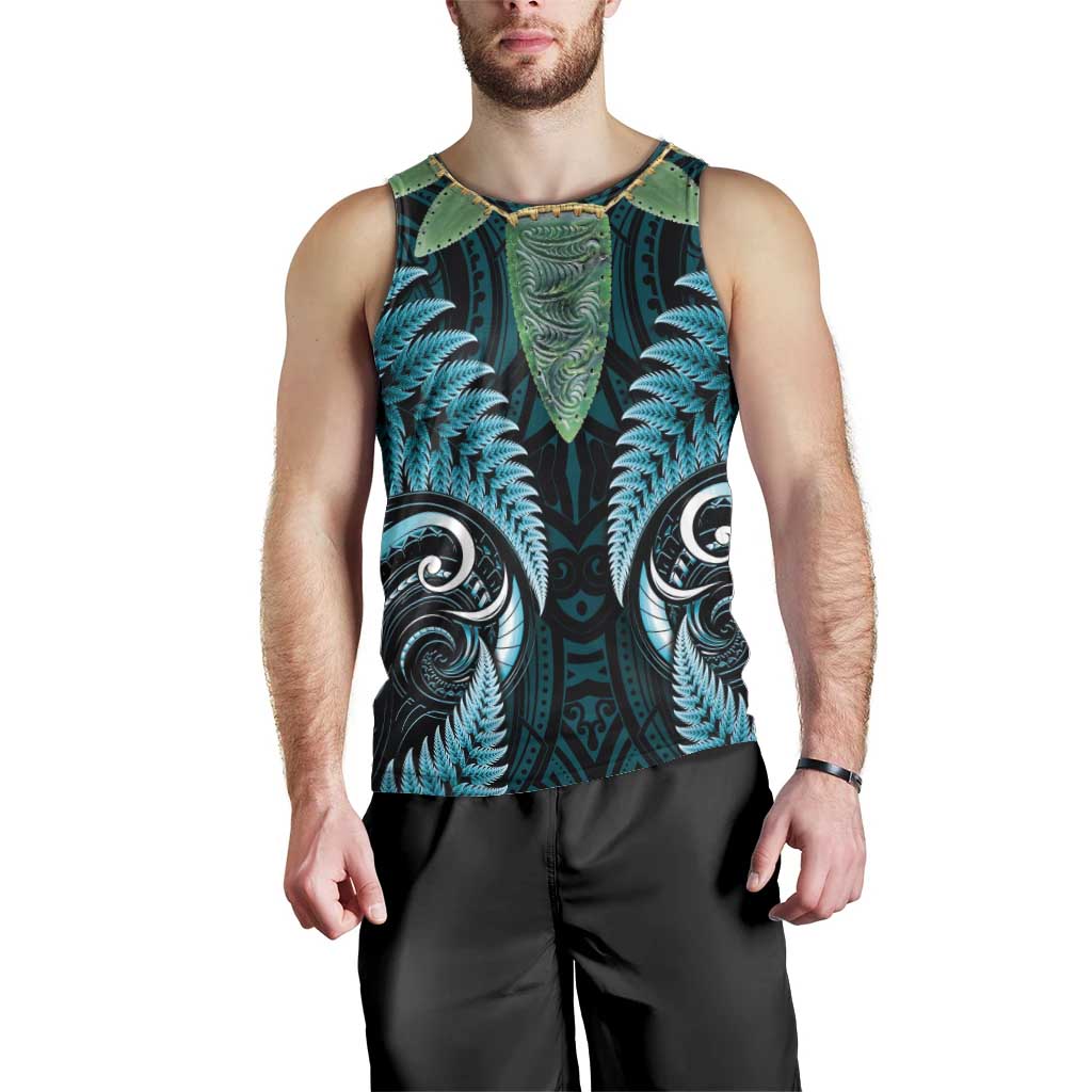 Aotearoa Pounamu Niho Men Tank Top Silver Fern Mix Maori Pattern - Turquoise LT14 - Polynesian Pride