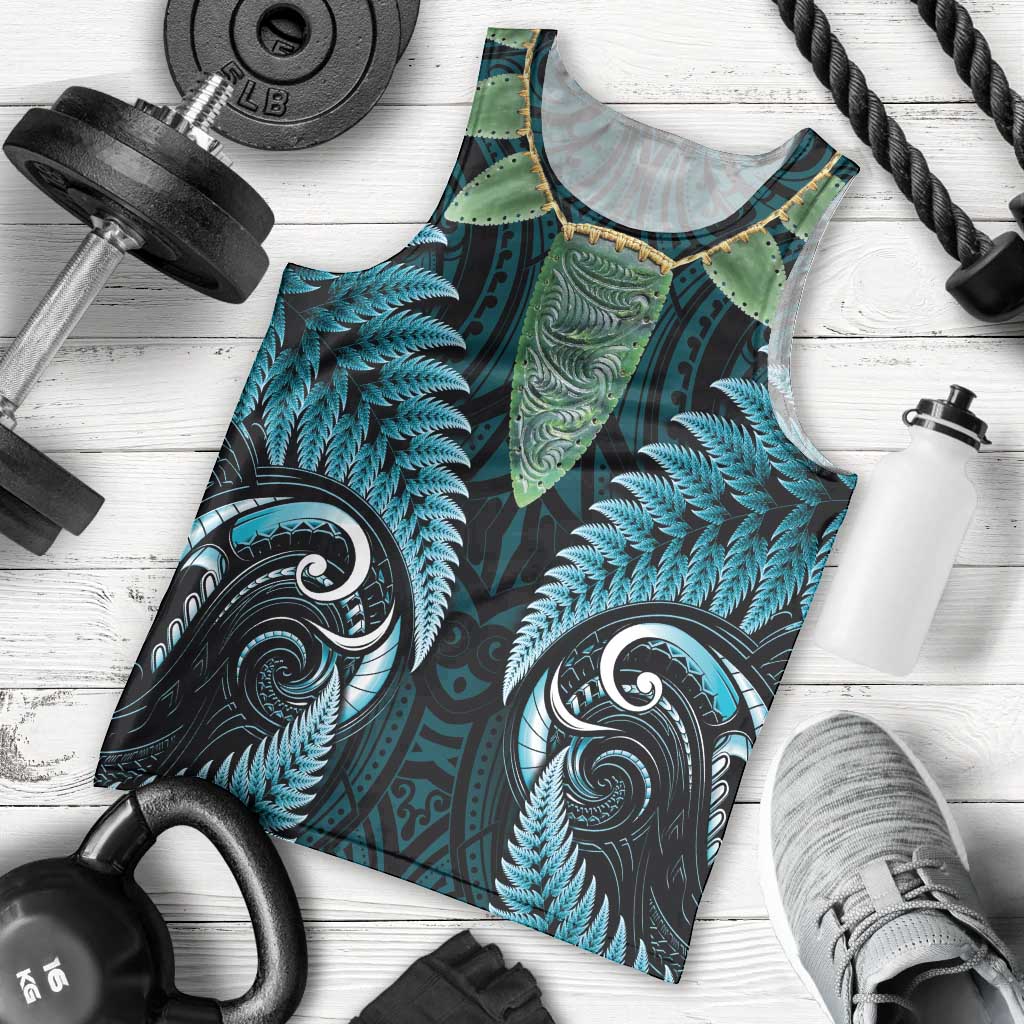 Aotearoa Pounamu Niho Men Tank Top Silver Fern Mix Maori Pattern - Turquoise LT14 - Polynesian Pride