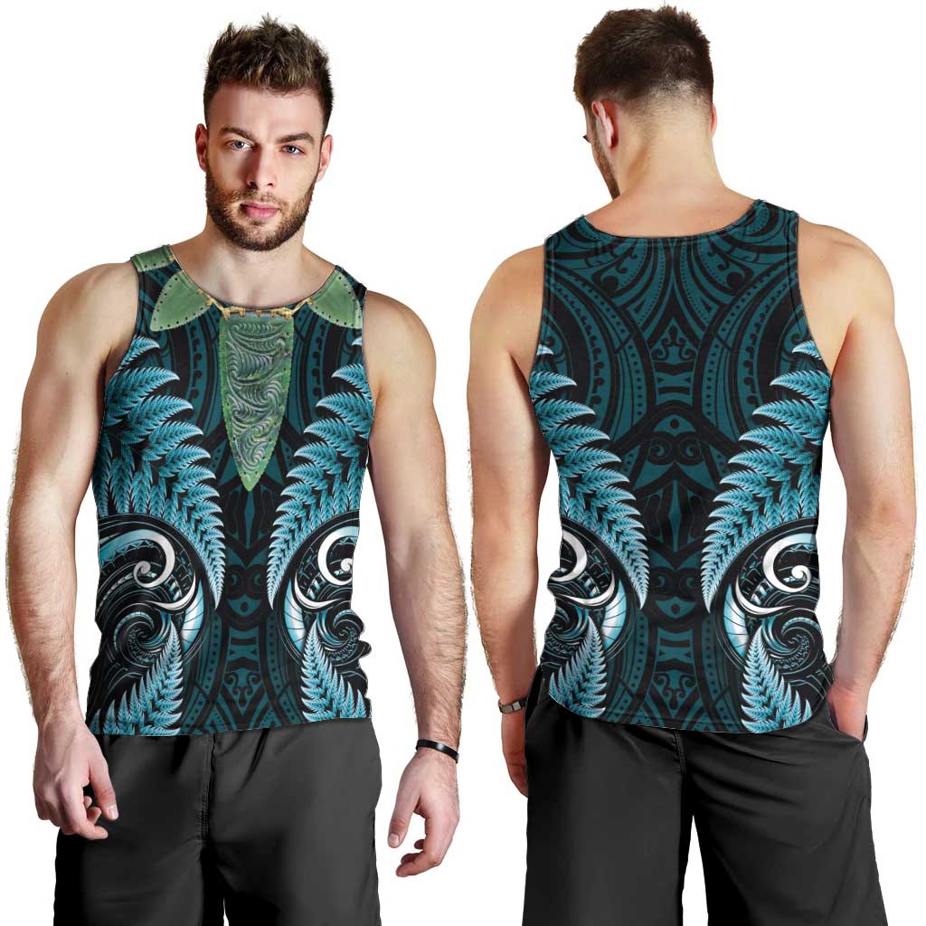 Aotearoa Pounamu Niho Men Tank Top Silver Fern Mix Maori Pattern - Turquoise LT14 - Polynesian Pride