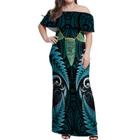Aotearoa Pounamu Niho Off Shoulder Maxi Dress Silver Fern Mix Maori Pattern - Turquoise LT14 Women Turquoise - Polynesian Pride
