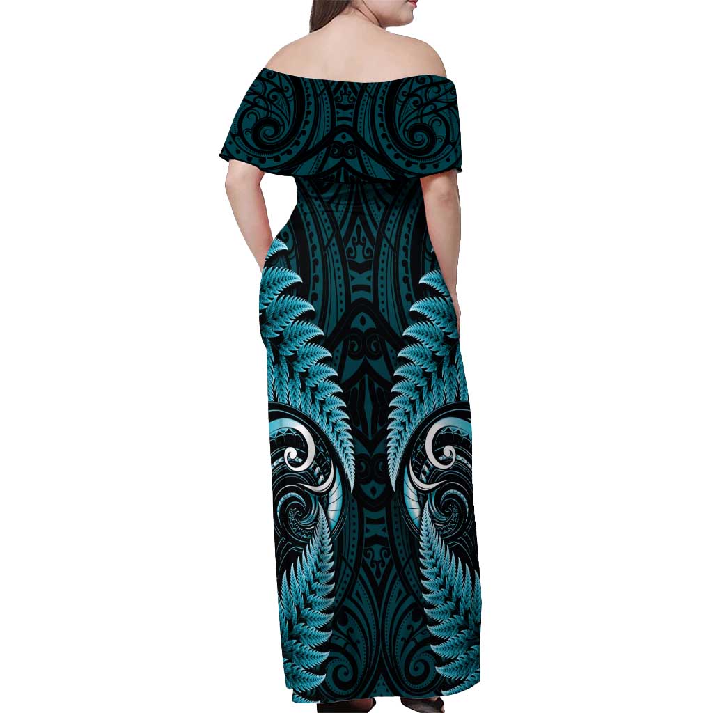 Aotearoa Pounamu Niho Off Shoulder Maxi Dress Silver Fern Mix Maori Pattern - Turquoise LT14 - Polynesian Pride