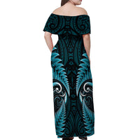 Aotearoa Pounamu Niho Off Shoulder Maxi Dress Silver Fern Mix Maori Pattern - Turquoise LT14 - Polynesian Pride