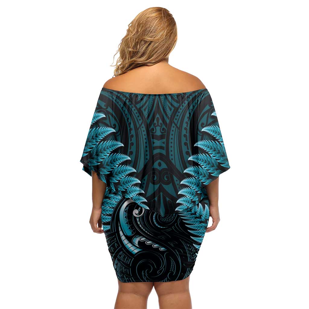 Aotearoa Pounamu Niho Off Shoulder Short Dress Silver Fern Mix Maori Pattern - Turquoise LT14 - Polynesian Pride