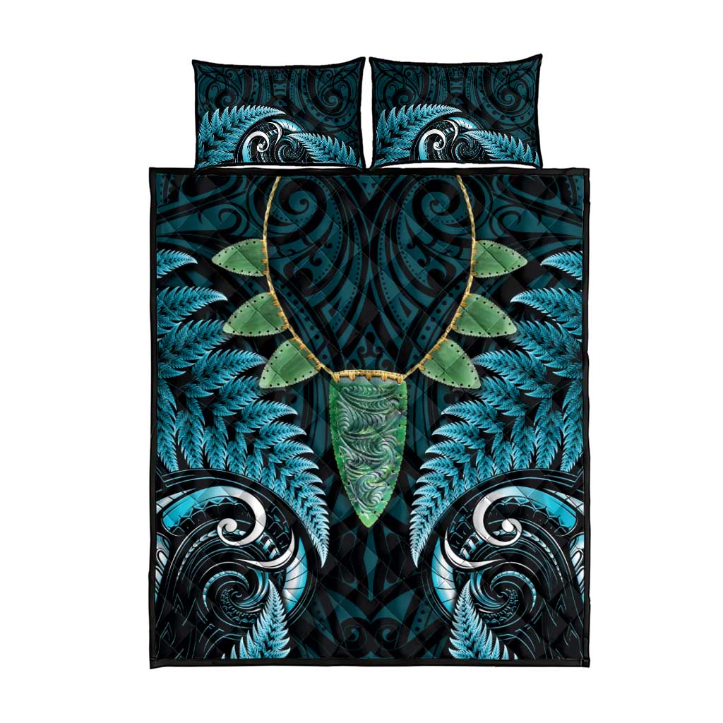 Aotearoa Pounamu Niho Quilt Bed Set Silver Fern Mix Maori Pattern - Turquoise LT14 - Polynesian Pride