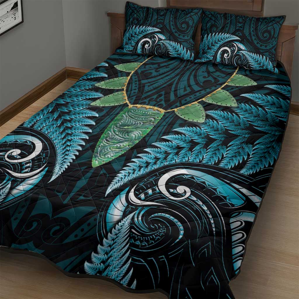 Aotearoa Pounamu Niho Quilt Bed Set Silver Fern Mix Maori Pattern - Turquoise LT14 - Polynesian Pride