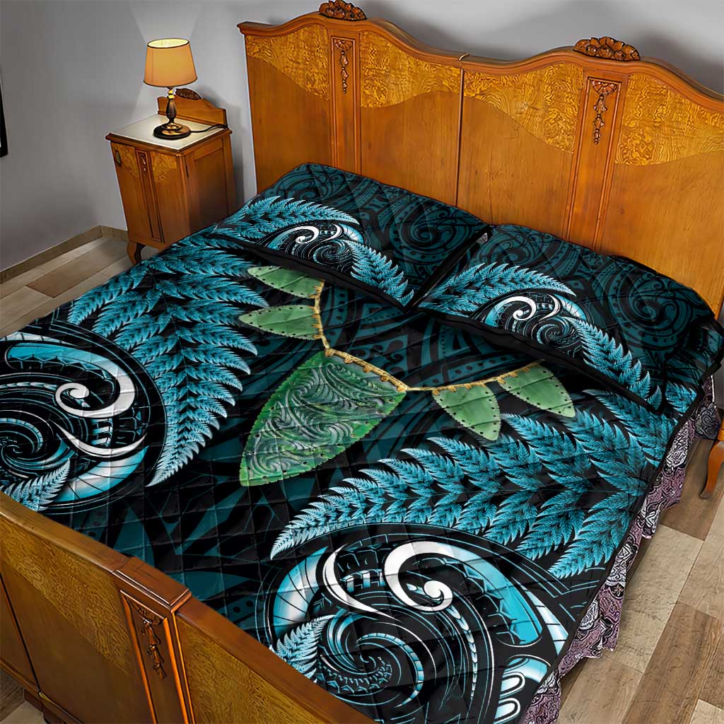 Aotearoa Pounamu Niho Quilt Bed Set Silver Fern Mix Maori Pattern - Turquoise LT14 - Polynesian Pride
