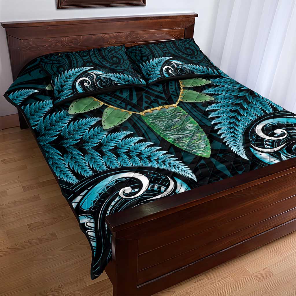 Aotearoa Pounamu Niho Quilt Bed Set Silver Fern Mix Maori Pattern - Turquoise LT14 - Polynesian Pride