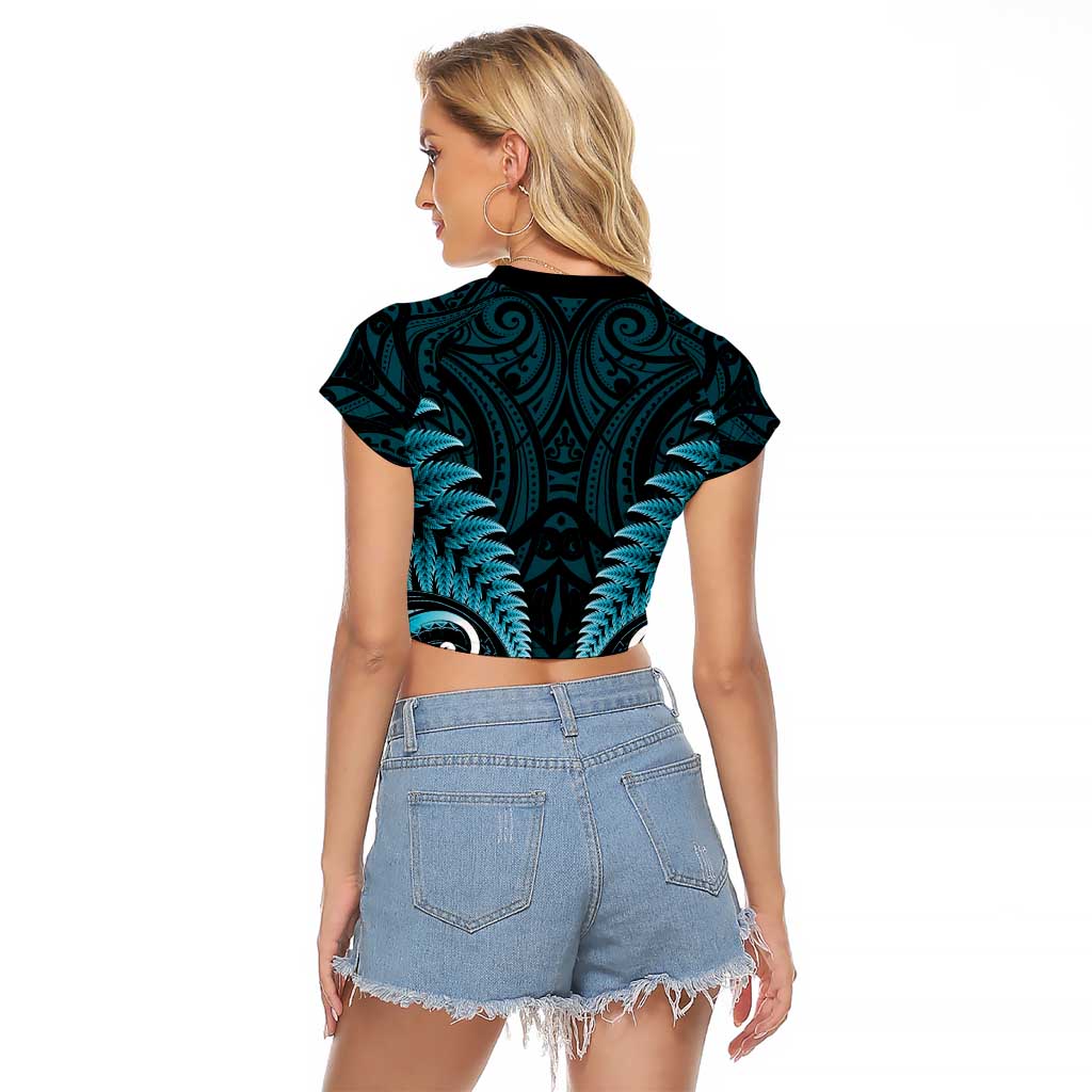 Aotearoa Pounamu Niho Raglan Cropped T Shirt Silver Fern Mix Maori Pattern - Turquoise LT14 - Polynesian Pride