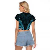 Aotearoa Pounamu Niho Raglan Cropped T Shirt Silver Fern Mix Maori Pattern - Turquoise LT14 - Polynesian Pride