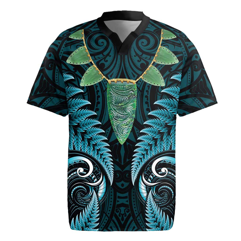Aotearoa Pounamu Niho Rugby Jersey Silver Fern Mix Maori Pattern - Turquoise LT14 Turquoise - Polynesian Pride