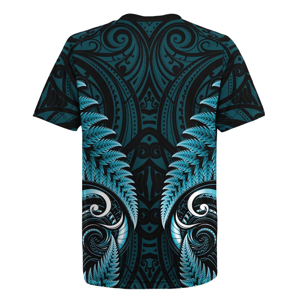 Aotearoa Pounamu Niho Rugby Jersey Silver Fern Mix Maori Pattern - Turquoise LT14 - Polynesian Pride