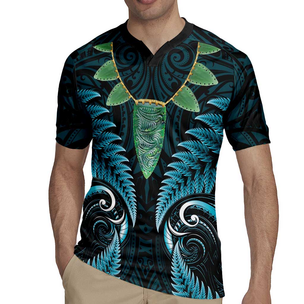 Aotearoa Pounamu Niho Rugby Jersey Silver Fern Mix Maori Pattern - Turquoise LT14 - Polynesian Pride