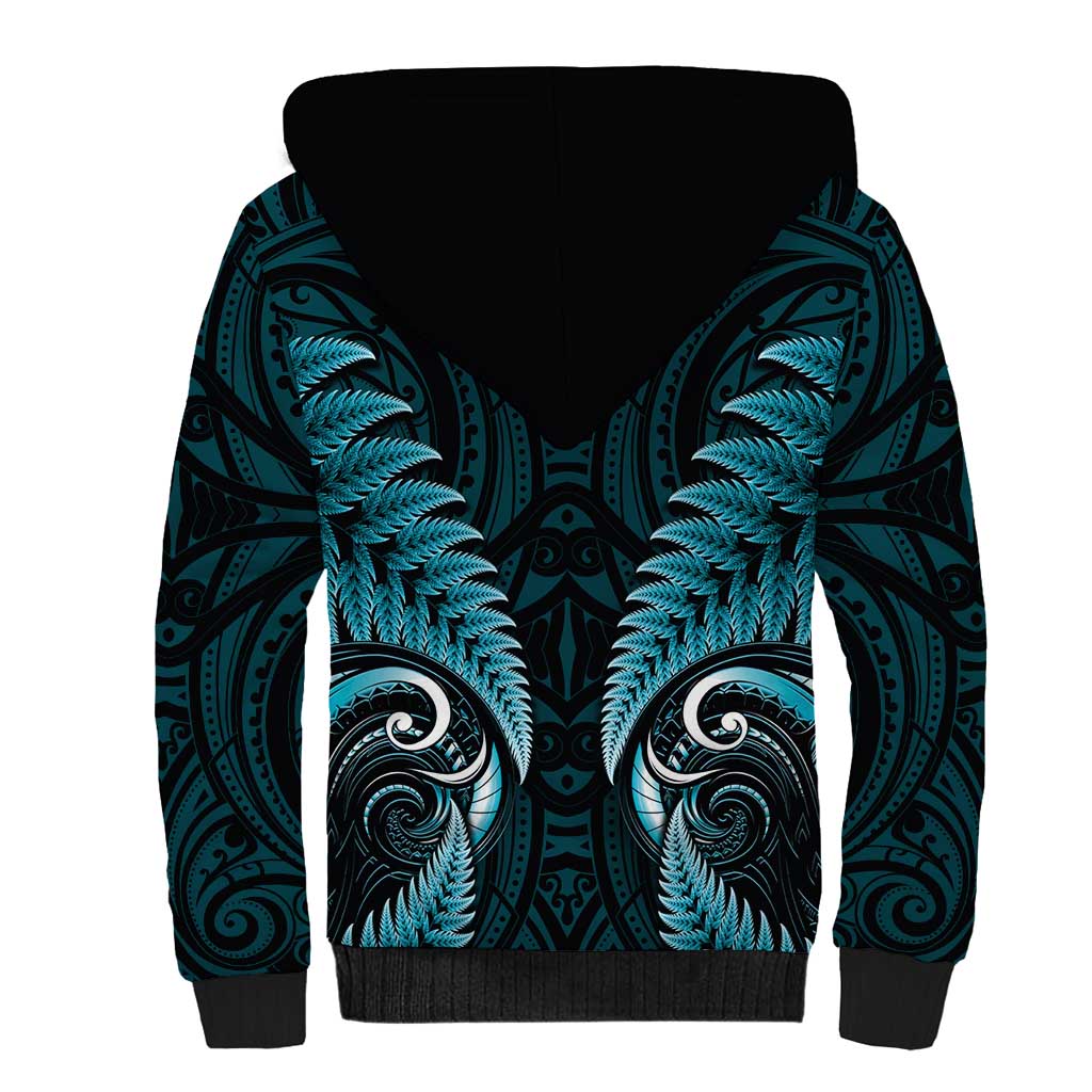 Aotearoa Pounamu Niho Sherpa Hoodie Silver Fern Mix Maori Pattern - Turquoise