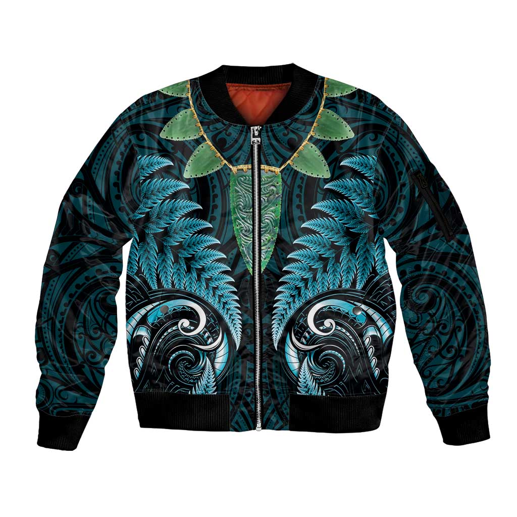 Aotearoa Pounamu Niho Sleeve Zip Bomber Jacket Silver Fern Mix Maori Pattern - Turquoise LT14 Unisex Turquoise - Polynesian Pride