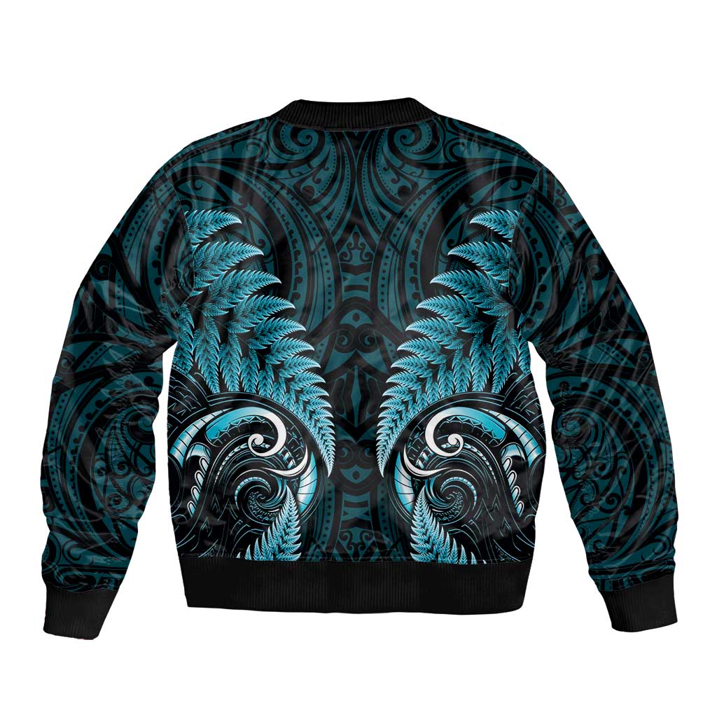 Aotearoa Pounamu Niho Sleeve Zip Bomber Jacket Silver Fern Mix Maori Pattern - Turquoise LT14 - Polynesian Pride