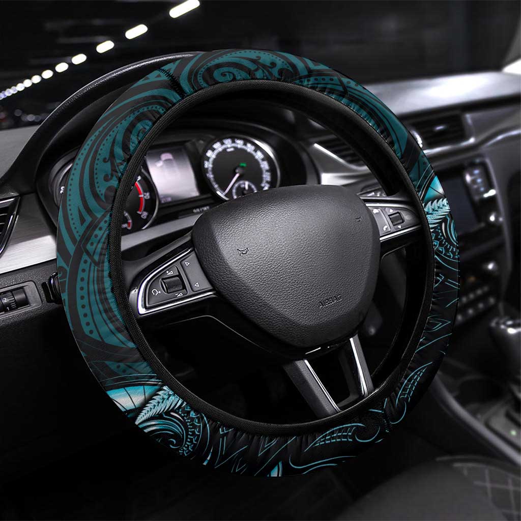 Aotearoa Pounamu Niho Steering Wheel Cover Silver Fern Mix Maori Pattern - Turquoise LT14 Universal Fit Turquoise - Polynesian Pride
