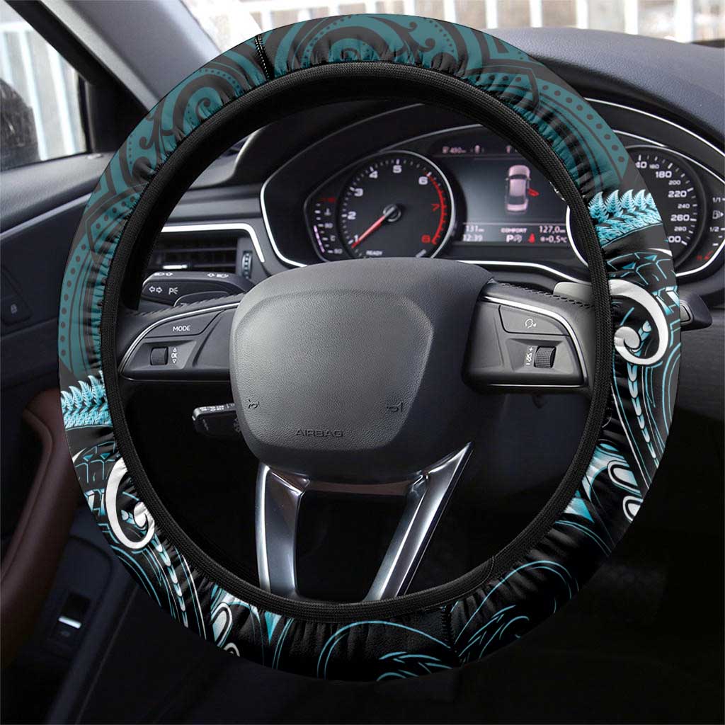 Aotearoa Pounamu Niho Steering Wheel Cover Silver Fern Mix Maori Pattern - Turquoise LT14 - Polynesian Pride