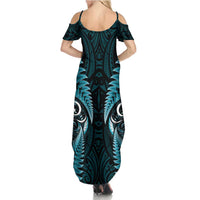 Aotearoa Pounamu Niho Summer Maxi Dress Silver Fern Mix Maori Pattern - Turquoise LT14 - Polynesian Pride