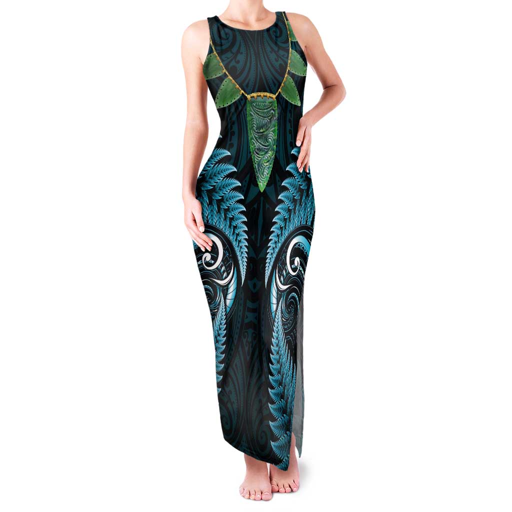 Aotearoa Pounamu Niho Tank Maxi Dress Silver Fern Mix Maori Pattern - Turquoise LT14 Women Turquoise - Polynesian Pride