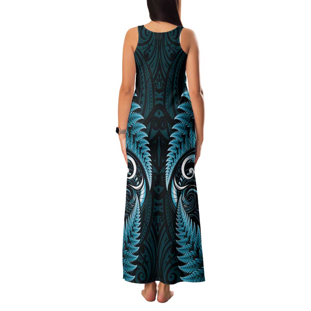 Aotearoa Pounamu Niho Tank Maxi Dress Silver Fern Mix Maori Pattern - Turquoise LT14 - Polynesian Pride