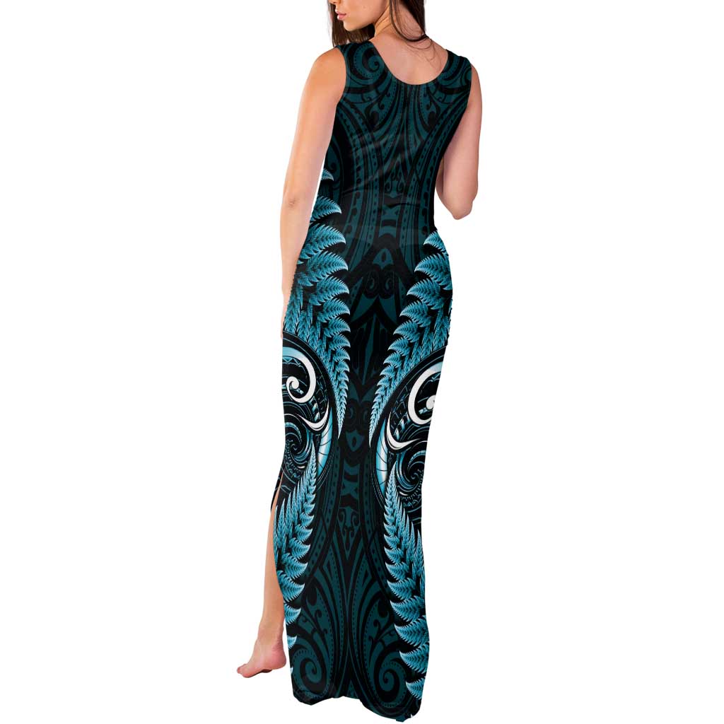 Aotearoa Pounamu Niho Tank Maxi Dress Silver Fern Mix Maori Pattern - Turquoise LT14 - Polynesian Pride