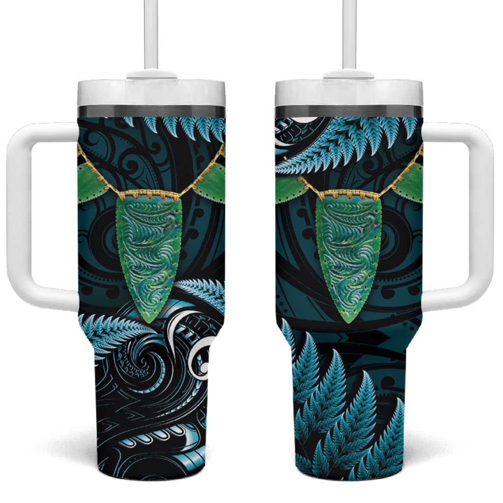 Aotearoa Pounamu Niho Tumbler With Handle Silver Fern Mix Maori Pattern - Turquoise LT14 One Size: 40 oz Turquoise - Polynesian Pride