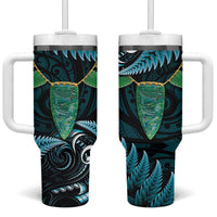 Aotearoa Pounamu Niho Tumbler With Handle Silver Fern Mix Maori Pattern - Turquoise LT14 One Size: 40 oz Turquoise - Polynesian Pride