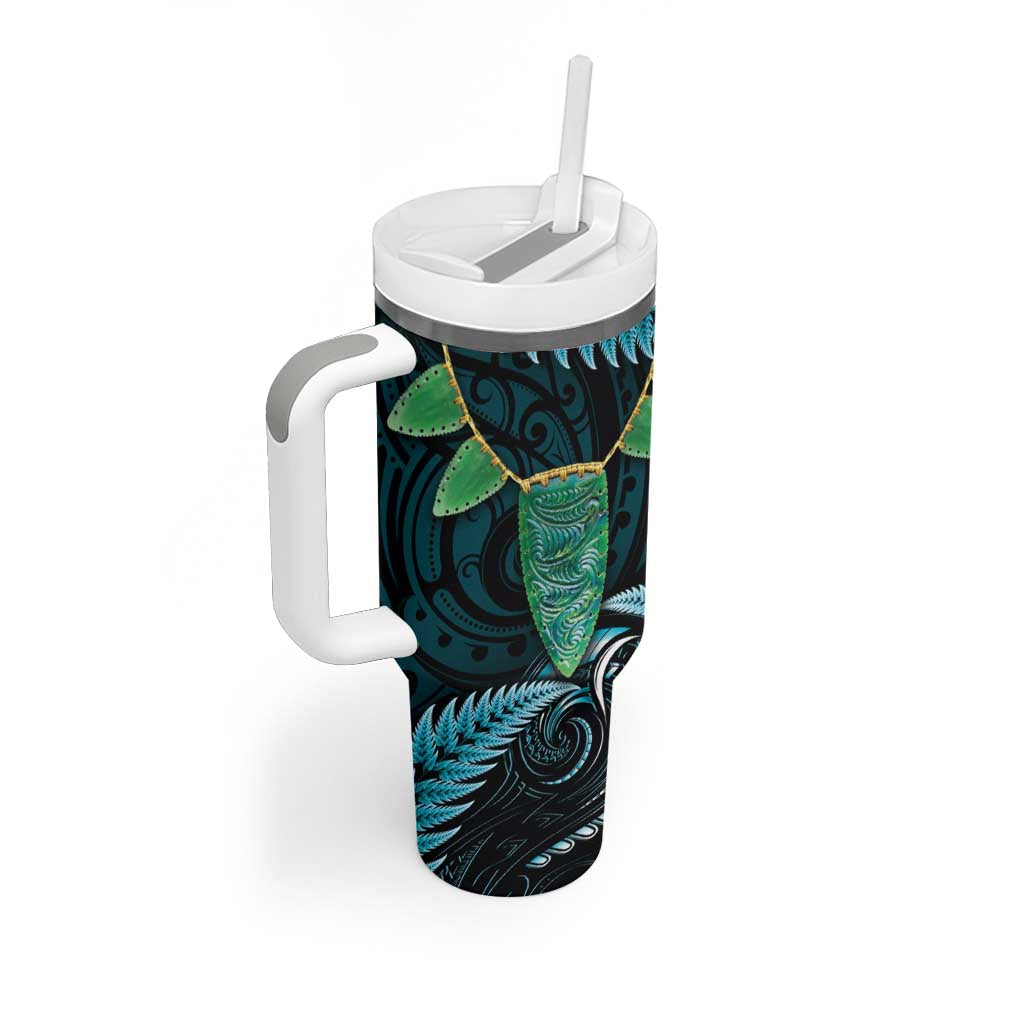 Aotearoa Pounamu Niho Tumbler With Handle Silver Fern Mix Maori Pattern - Turquoise LT14 - Polynesian Pride