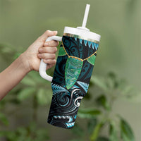Aotearoa Pounamu Niho Tumbler With Handle Silver Fern Mix Maori Pattern - Turquoise LT14 - Polynesian Pride