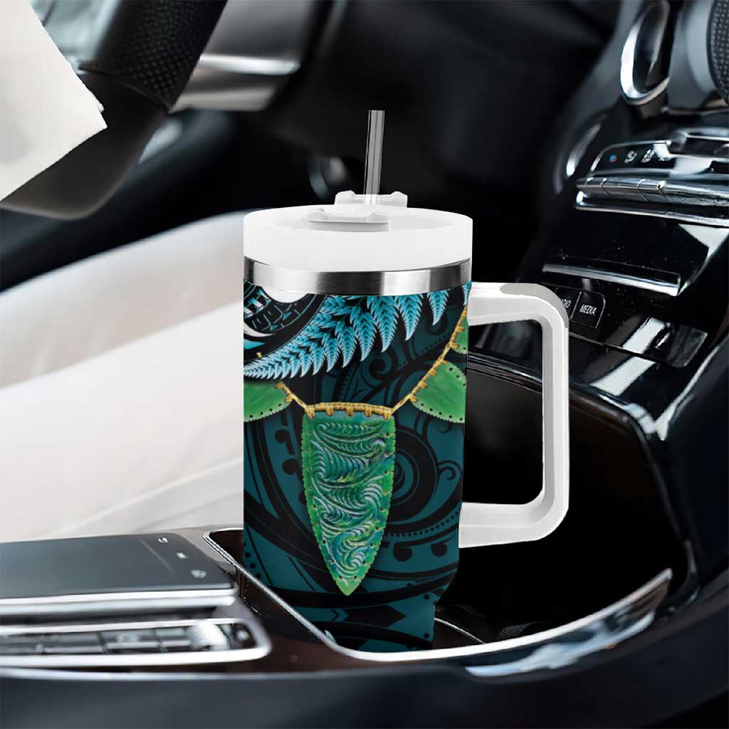 Aotearoa Pounamu Niho Tumbler With Handle Silver Fern Mix Maori Pattern - Turquoise LT14 - Polynesian Pride
