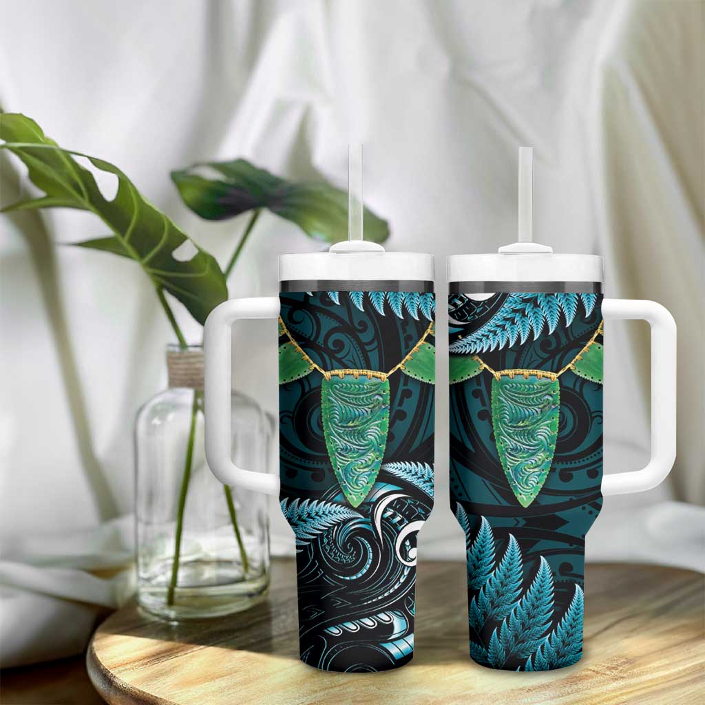 Aotearoa Pounamu Niho Tumbler With Handle Silver Fern Mix Maori Pattern - Turquoise LT14 - Polynesian Pride